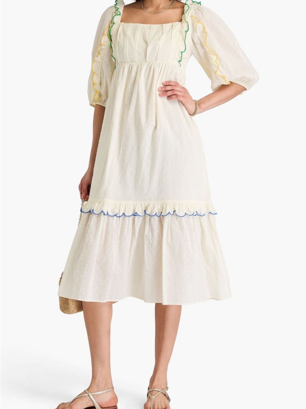 A-8 FARM Rio Off-White swiss dot Puff Sleeve Midi Dress
